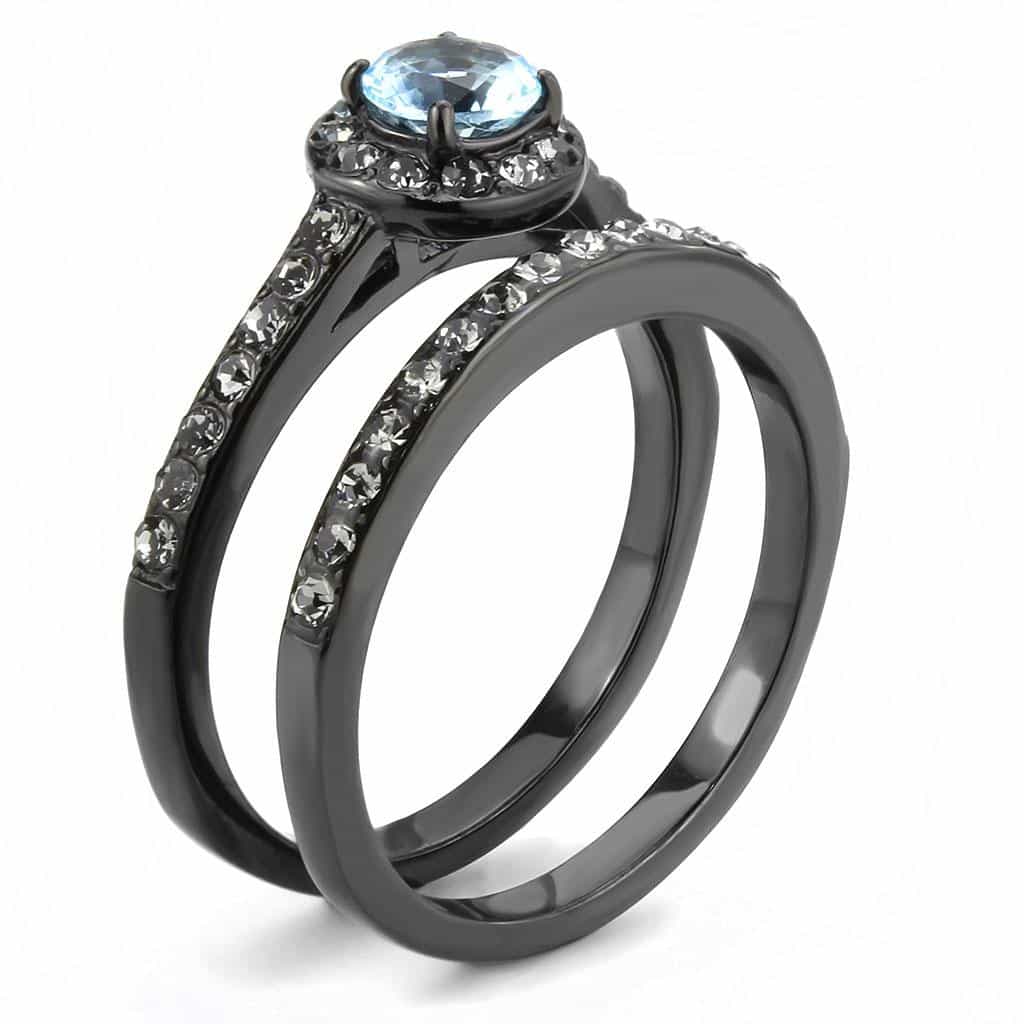Stainless Steel Black IP Aquamarine Round CZ Pave Halo Stack Ring view 7