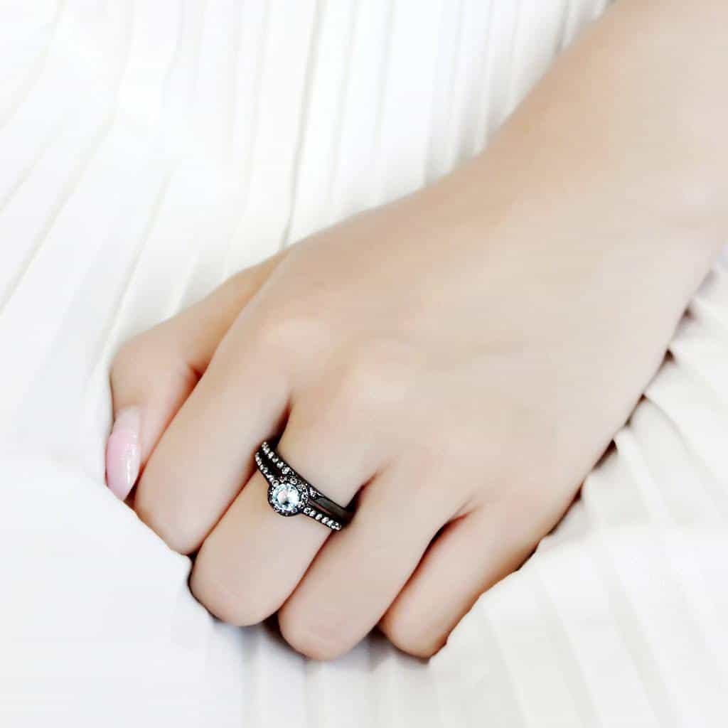 Stainless Steel Black IP Aquamarine Round CZ Pave Halo Stack Ring view 9
