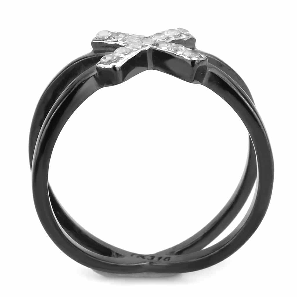Stainless Steel Black IP CZ Pave Cross X Cutout Open Ring view 5