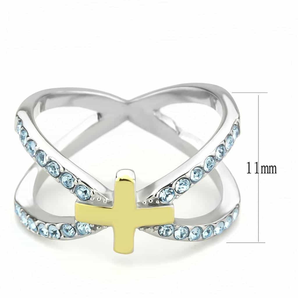 Stainless Steel Two-Tone Gold Silver Aquamarine CZ Cross Ring view 3