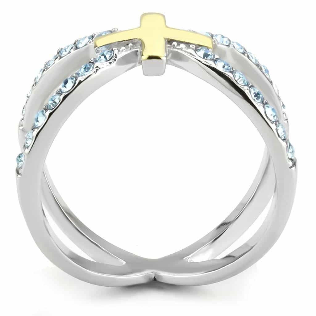 Stainless Steel Two-Tone Gold Silver Aquamarine CZ Cross Ring view 5