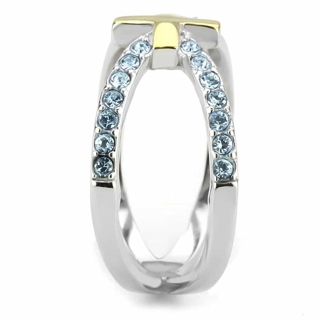 Stainless Steel Two-Tone Gold Silver Aquamarine CZ Cross Ring view 7