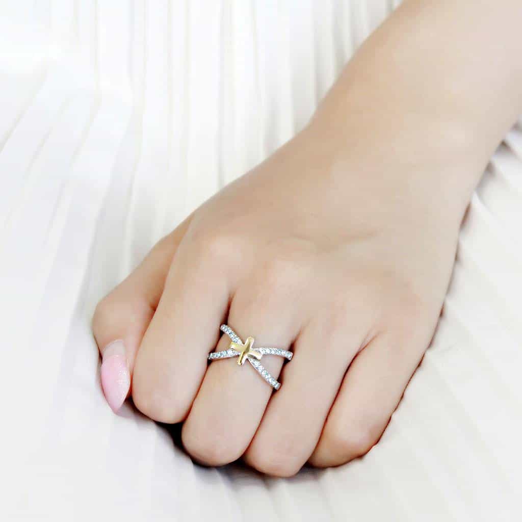 Stainless Steel Two-Tone Gold Silver Aquamarine CZ Cross Ring view 9