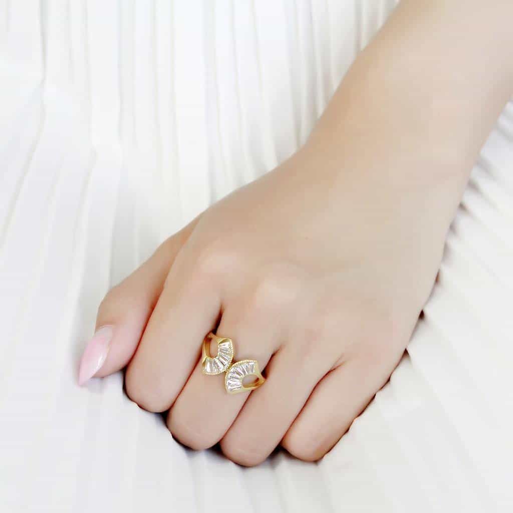Stainless Steel Gold IP CZ Baguette Fan Bow Open Ring view 9
