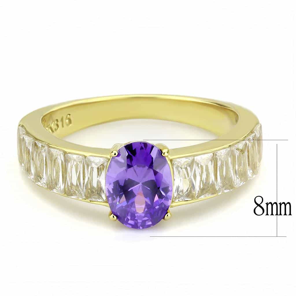 Stainless Steel Gold IP Amethyst Oval CZ Baguette Channel Ring view 3