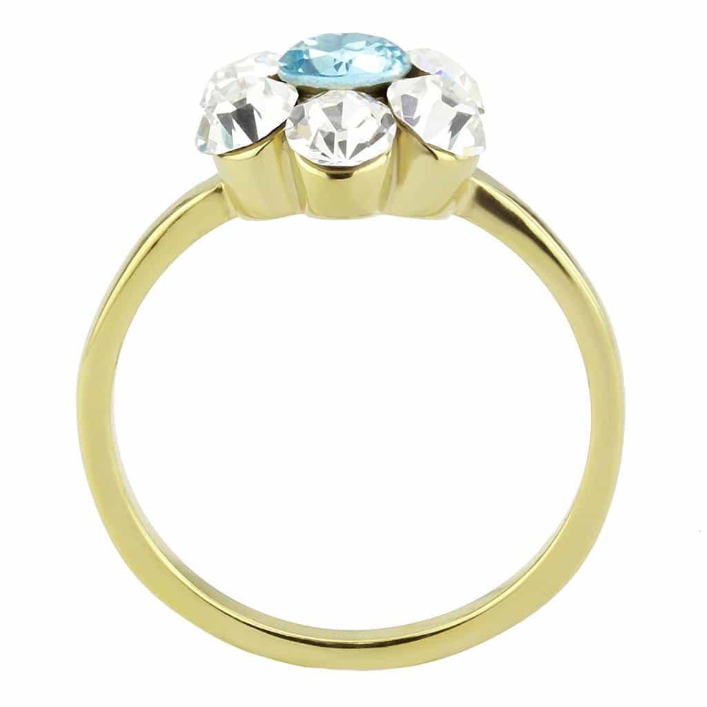 Stainless Steel Gold IP Aquamarine CZ Round Flower Cluster Ring view 5