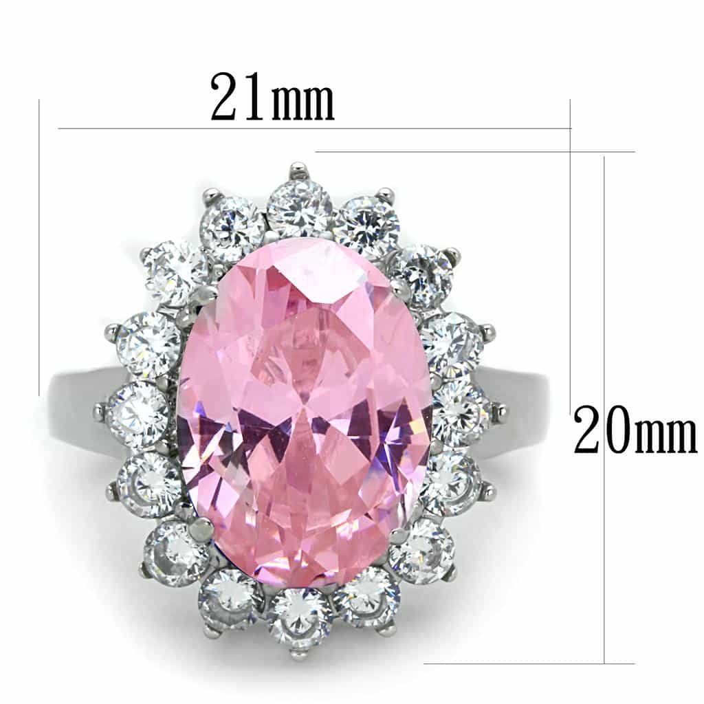 Stainless Steel Pink CZ Oval Round Halo Cluster Flower Ring view 3