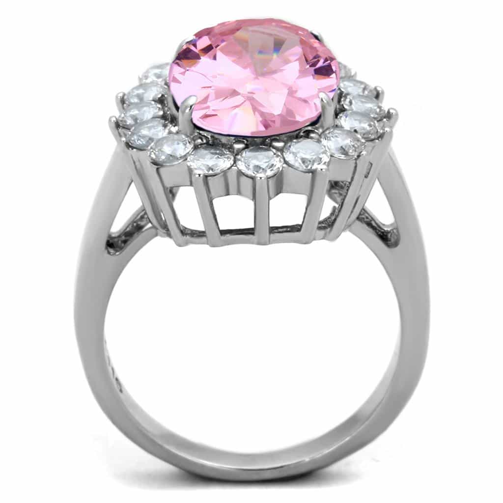 Stainless Steel Pink CZ Oval Round Halo Cluster Flower Ring view 5