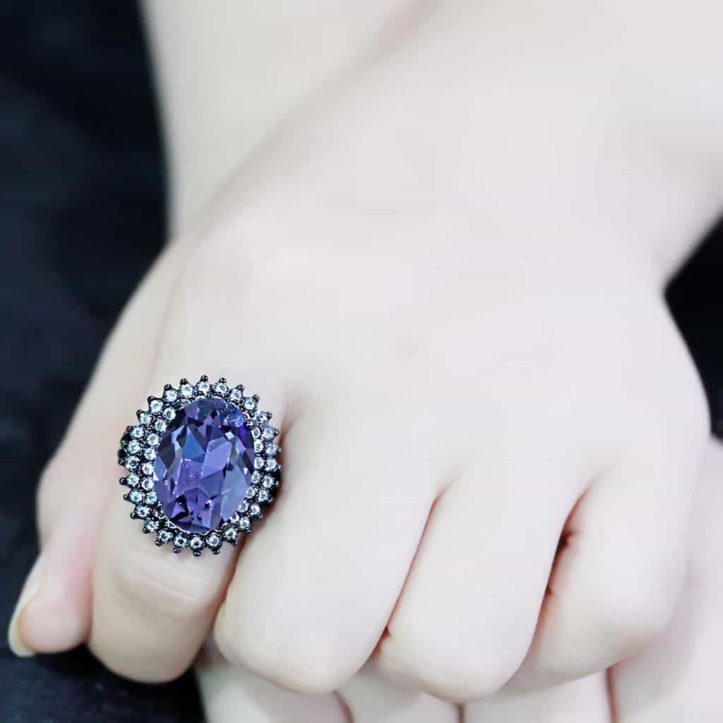 Stainless Steel Dark IP Tanzanite Crystal Oval Halo Cocktail Ring view 9