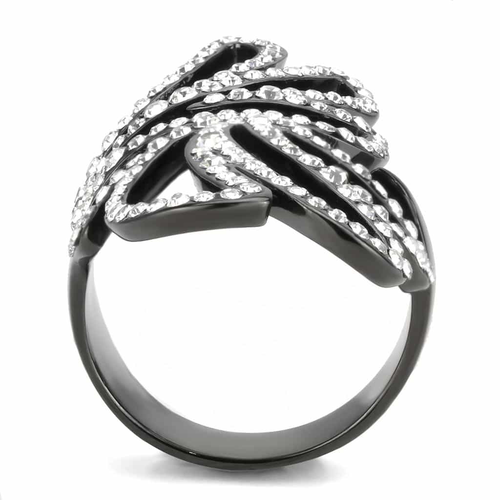Stainless Steel Dark IP CZ Pave Swirl Leaf Open Cocktail Ring view 7
