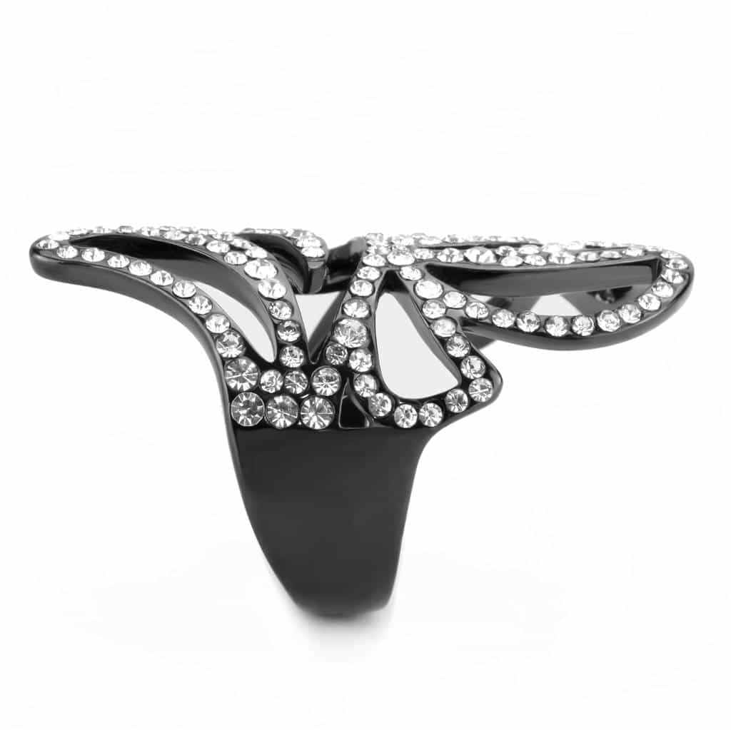 Stainless Steel Dark IP CZ Pave Swirl Leaf Open Cocktail Ring view 11