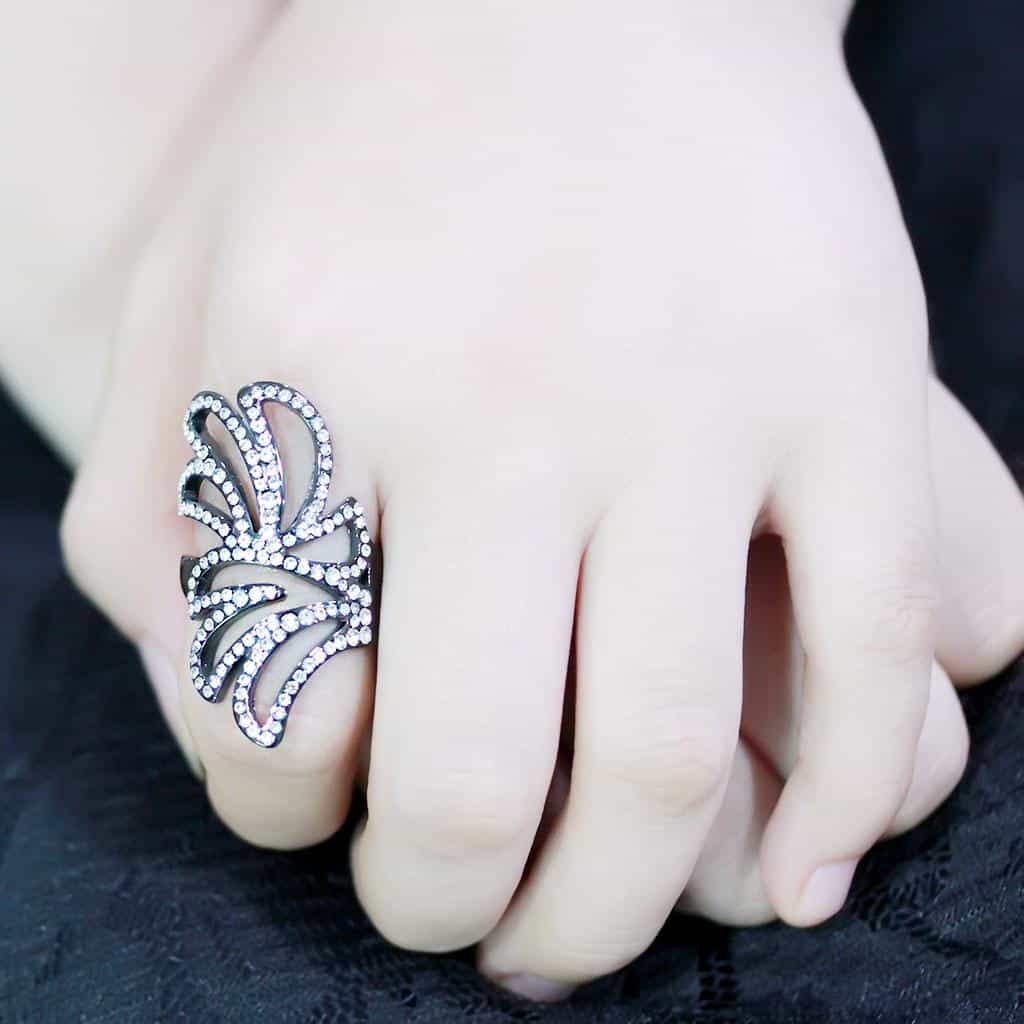 Stainless Steel Dark IP CZ Pave Swirl Leaf Open Cocktail Ring view 15