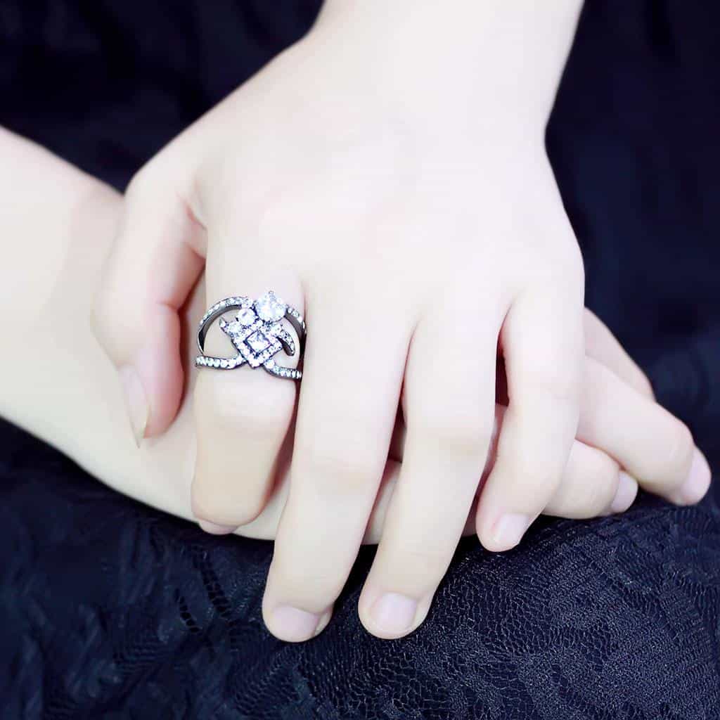 Stainless Steel Dark IP CZ Round Square Multi Stone Cocktail Ring view 9