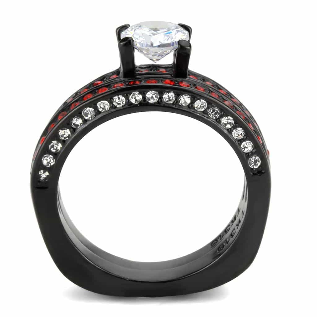Stainless Steel Dark IP CZ Round Red Crystal Pave Bridal Ring view 5
