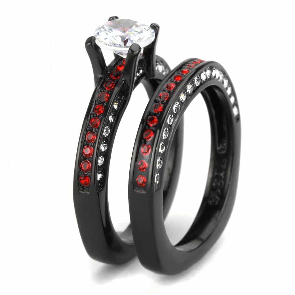 Stainless Steel Dark IP CZ Round Red Crystal Pave Bridal Ring view 7