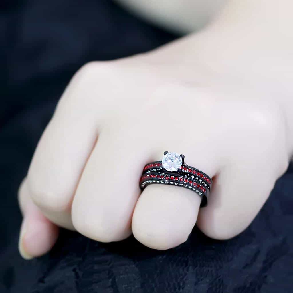 Stainless Steel Dark IP CZ Round Red Crystal Pave Bridal Ring view 9