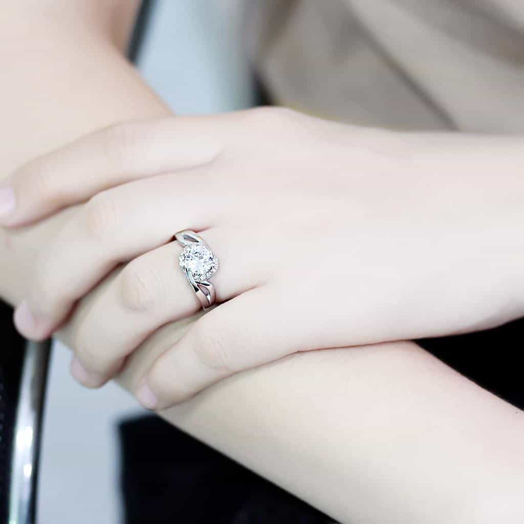 Stainless Steel Silver CZ Round Halo Bypass Solitaire Ring view 9