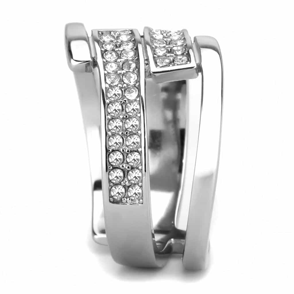 Stainless Steel Silver CZ Pave Crossover Open Wide Cocktail Ring view 7