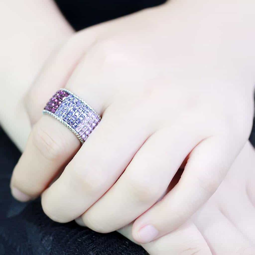 Stainless Steel Amethyst Pink Crystal Princess Channel Wide Ring view 11
