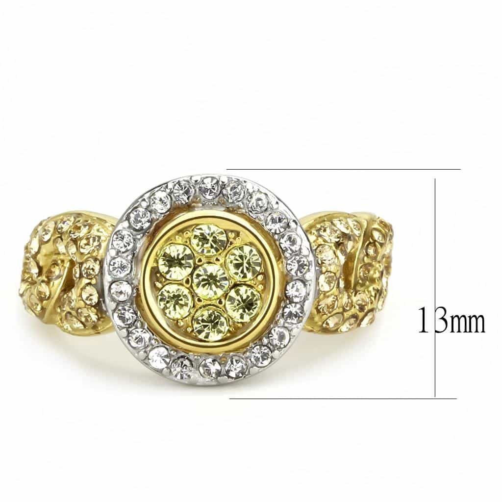 Stainless Steel Gold IP Yellow Crystal Round Baguette Halo Ring view 3