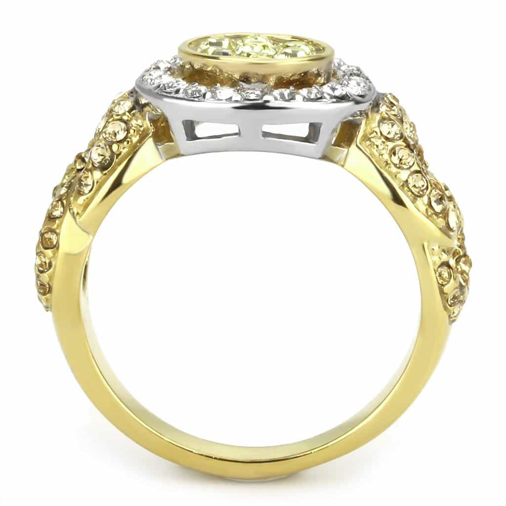 Stainless Steel Gold IP Yellow Crystal Round Baguette Halo Ring view 5