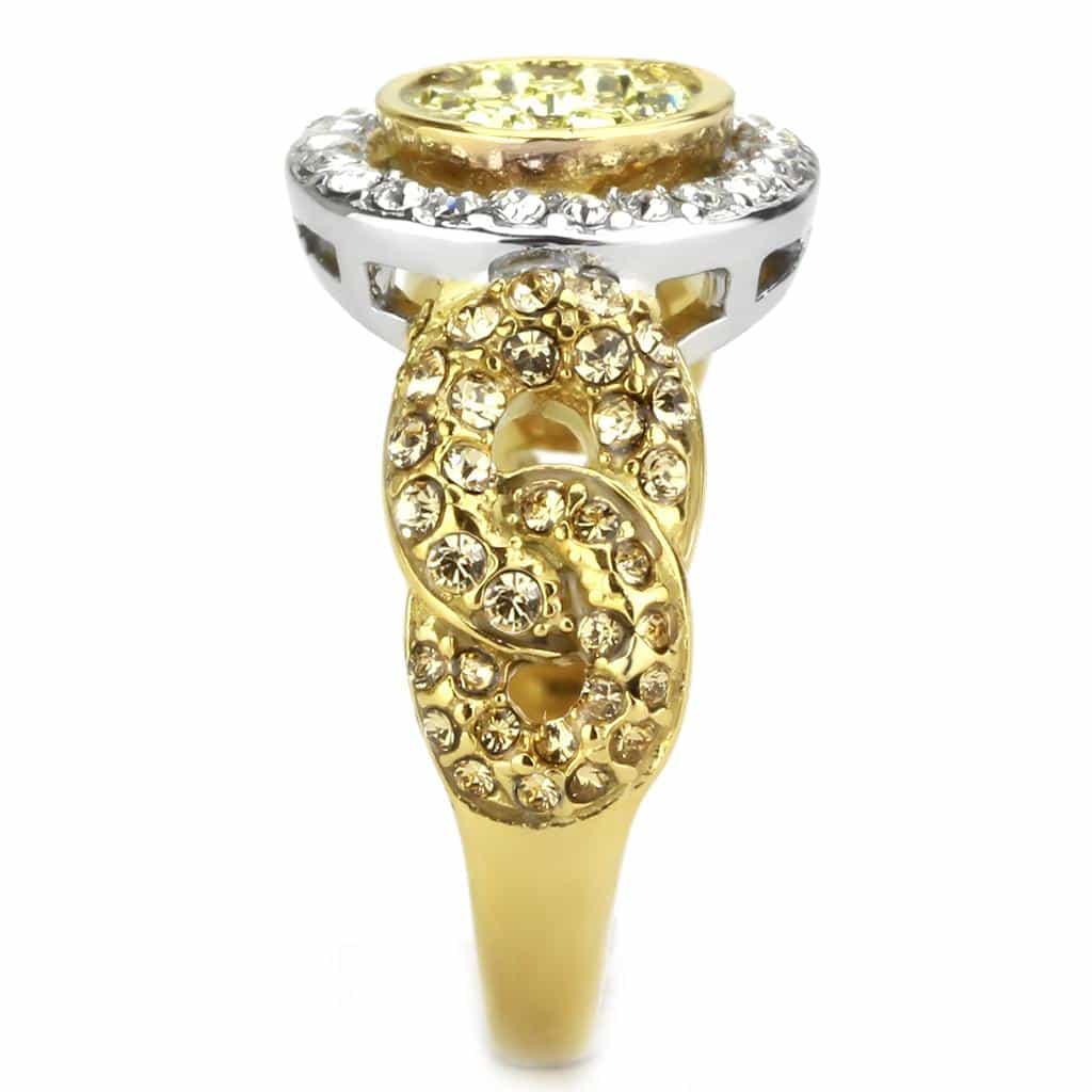 Stainless Steel Gold IP Yellow Crystal Round Baguette Halo Ring view 7