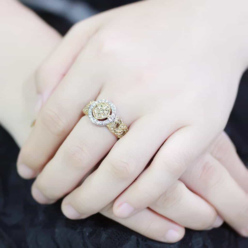 Stainless Steel Gold IP Yellow Crystal Round Baguette Halo Ring view 9