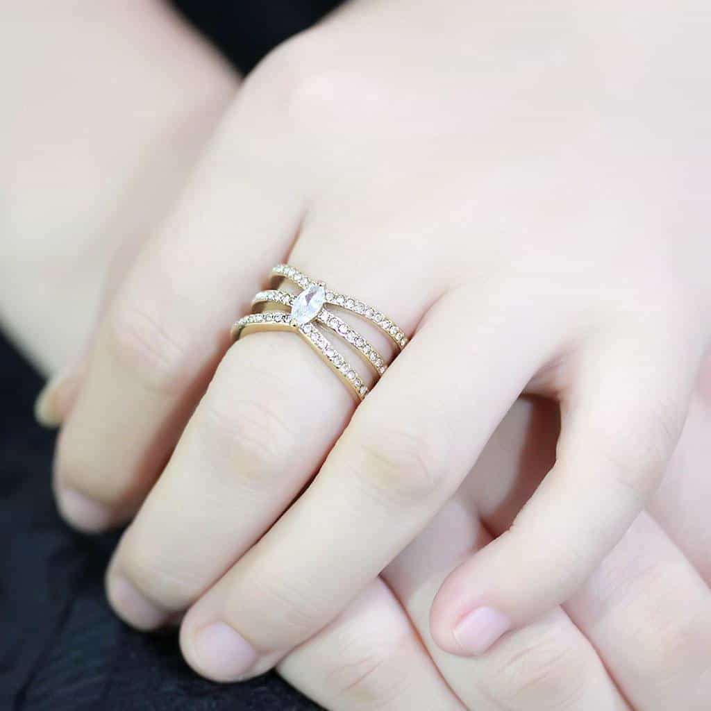 Stainless Steel Gold IP CZ Marquise Triple Band Open Ring view 9