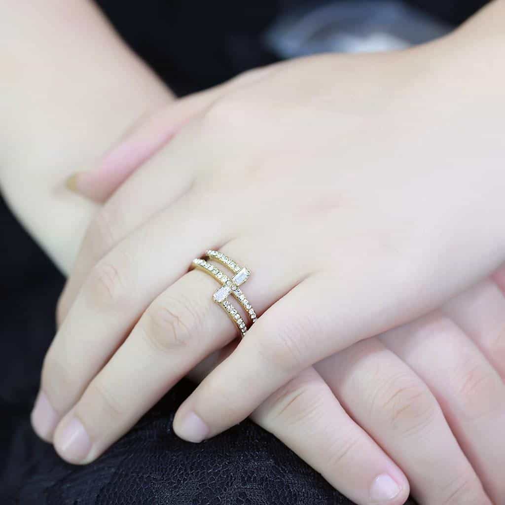 Stainless Steel Gold IP CZ Baguette Round Triple Band Ring view 9