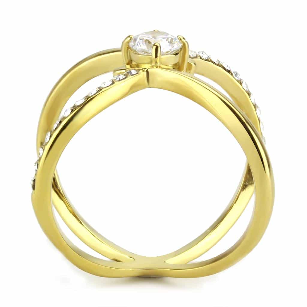 Stainless Steel Gold IP CZ Round X Crossover Solitaire Ring view 5