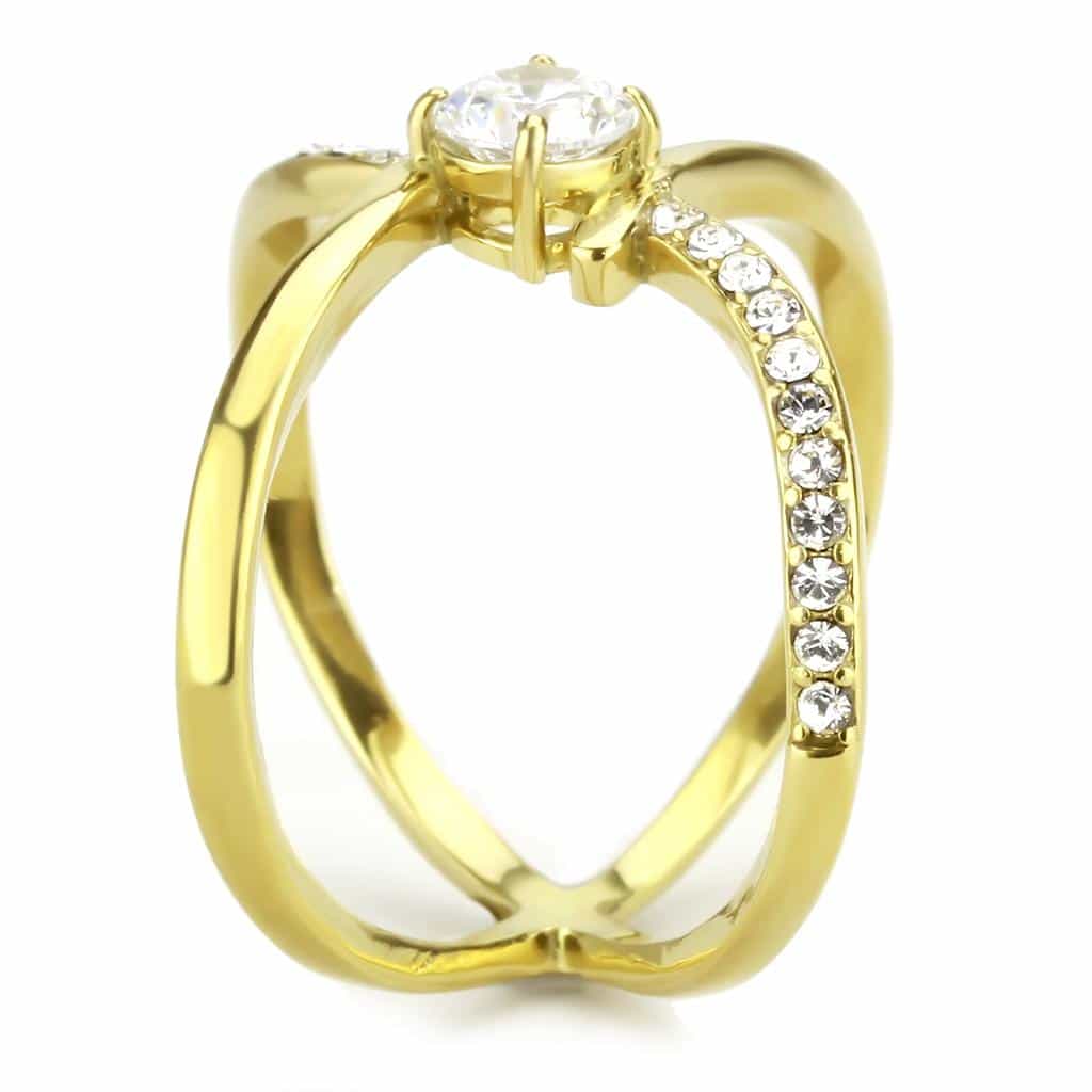 Stainless Steel Gold IP CZ Round X Crossover Solitaire Ring view 7