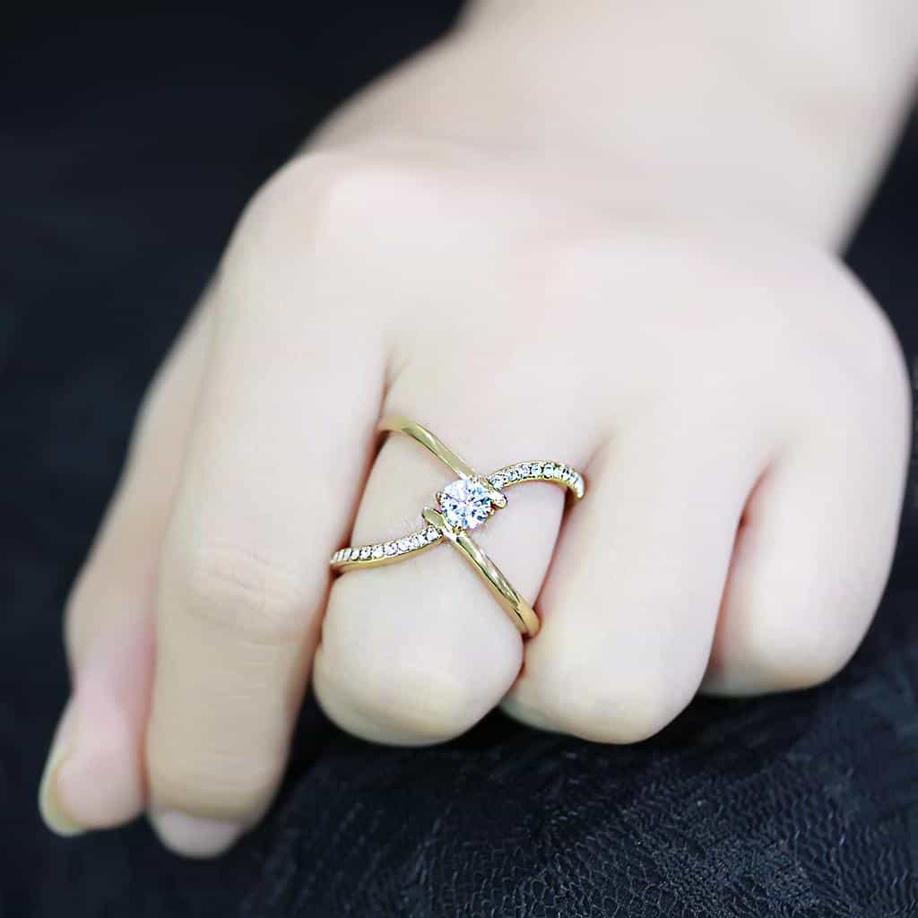 Stainless Steel Gold IP CZ Round X Crossover Solitaire Ring view 9