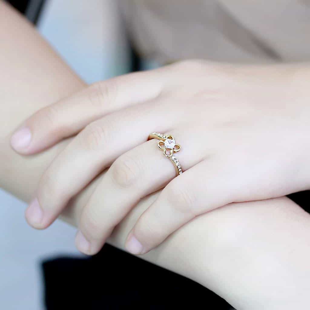 Stainless Steel Gold IP CZ Heart Bow Accent Solitaire Ring view 9