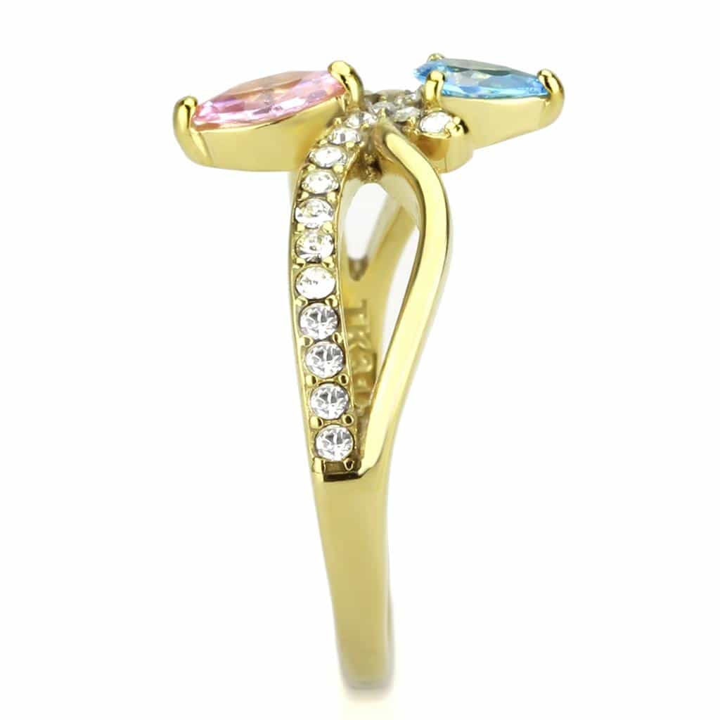 Stainless Steel Gold IP Blue Pink Crystal Marquise Crossover Ring view 7