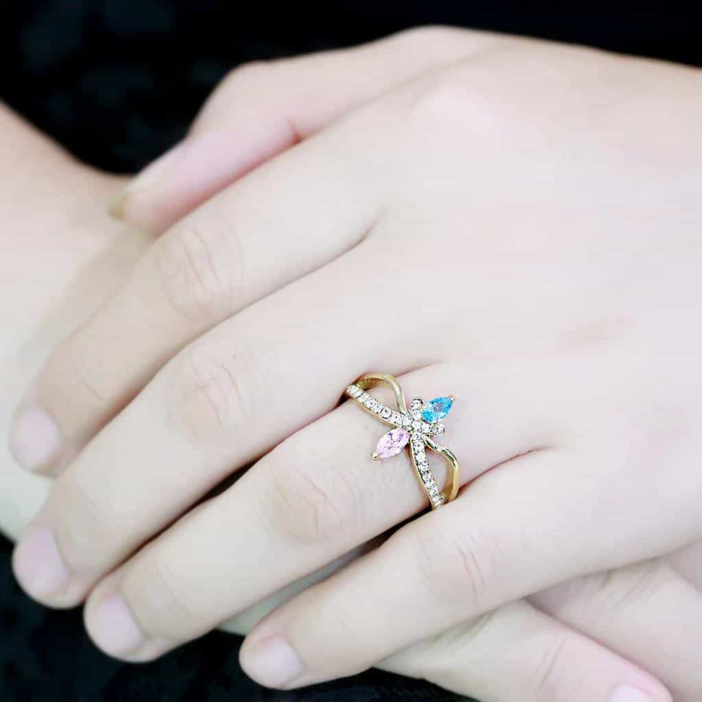 Stainless Steel Gold IP Blue Pink Crystal Marquise Crossover Ring view 9