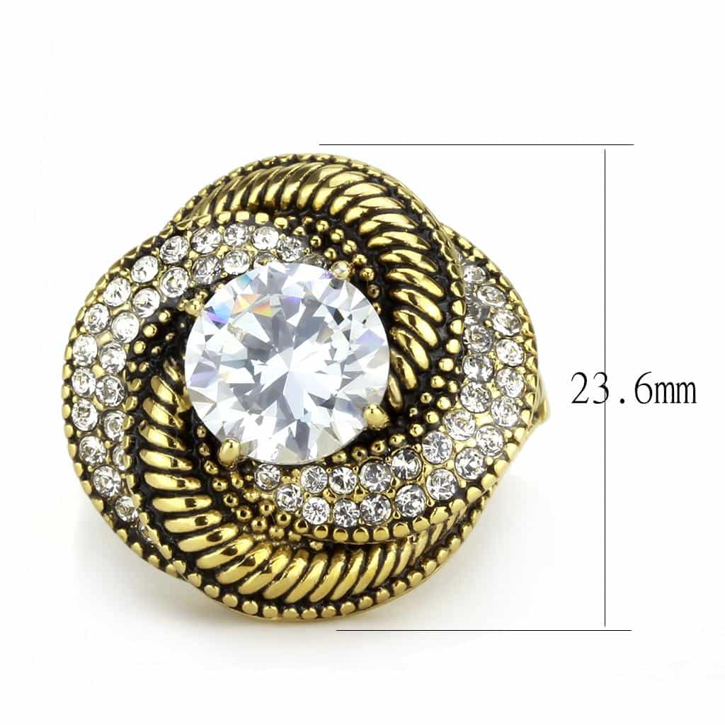Stainless Steel Gold IP CZ Pear Pave Rope Bezel Cocktail Ring view 3