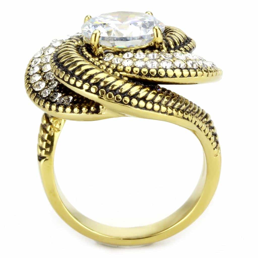 Stainless Steel Gold IP CZ Pear Pave Rope Bezel Cocktail Ring view 5