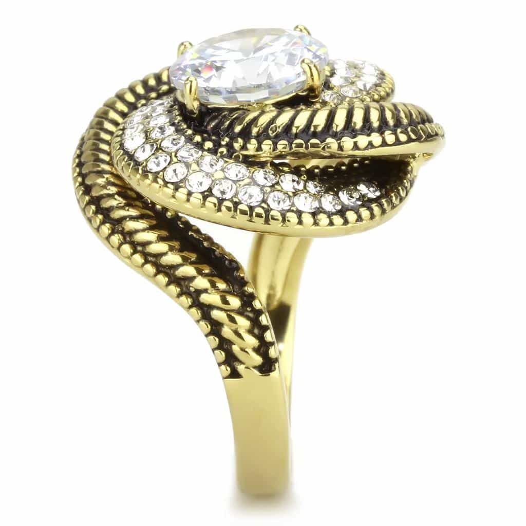 Stainless Steel Gold IP CZ Pear Pave Rope Bezel Cocktail Ring view 7