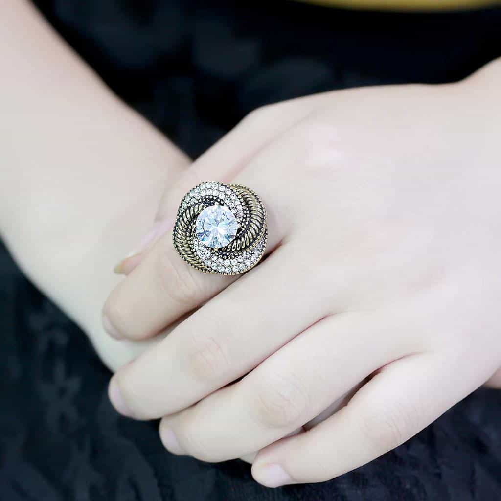 Stainless Steel Gold IP CZ Pear Pave Rope Bezel Cocktail Ring view 9