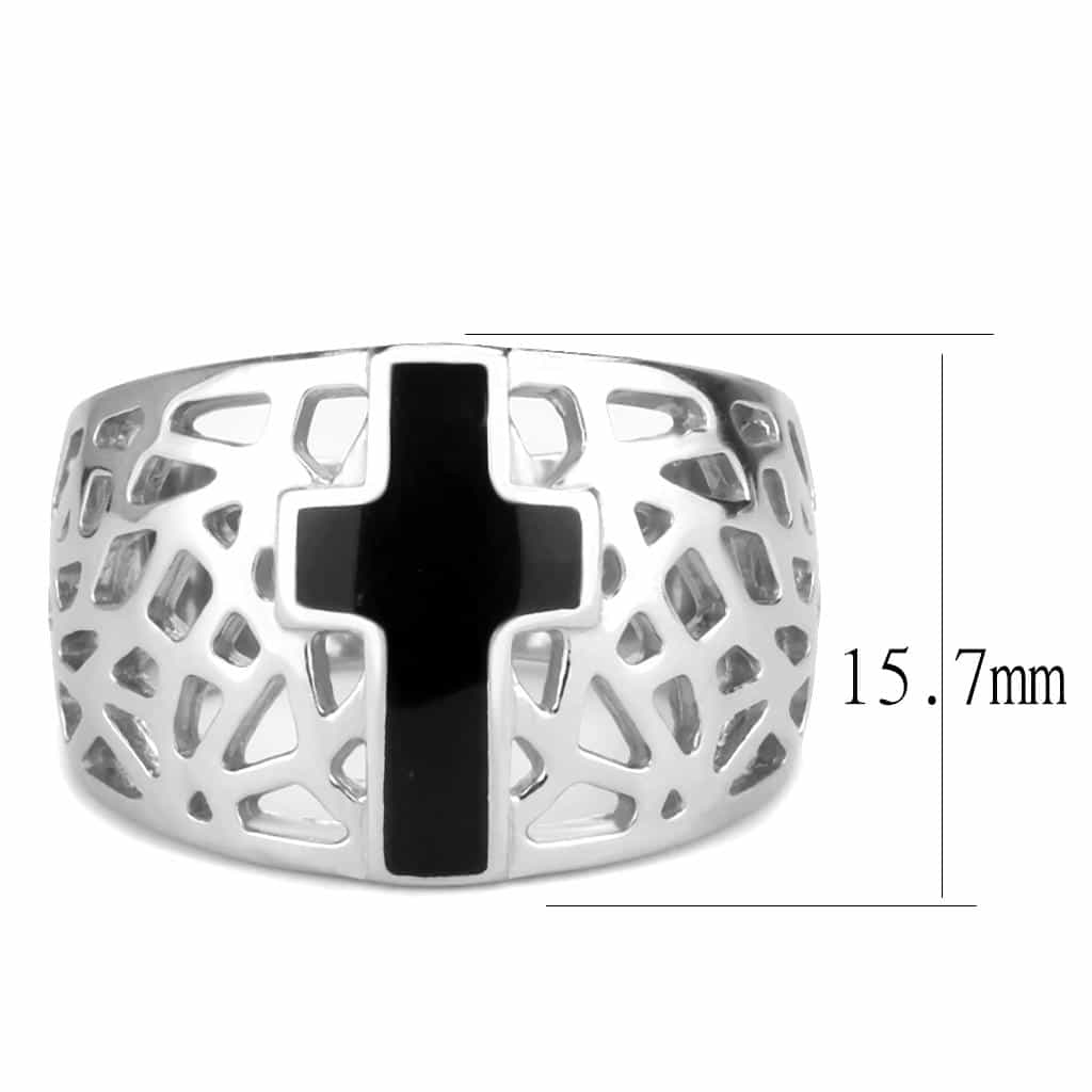 Stainless Steel Black Enamel Cross Cutout Filigree Dome Ring view 3