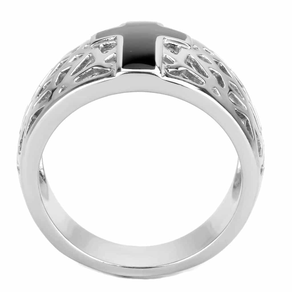 Stainless Steel Black Enamel Cross Cutout Filigree Dome Ring view 5