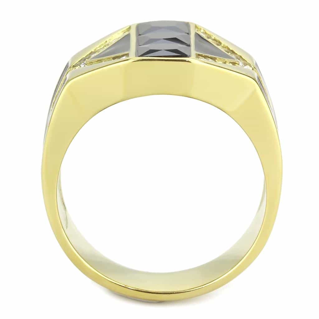Stainless Steel Gold IP Black CZ Princess Geometric Mens Ring view 5