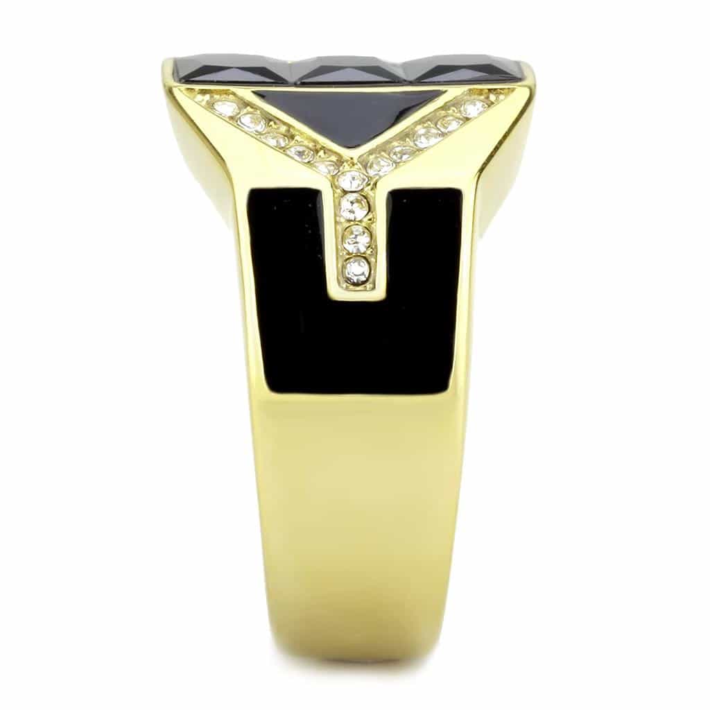 Stainless Steel Gold IP Black CZ Princess Geometric Mens Ring view 7