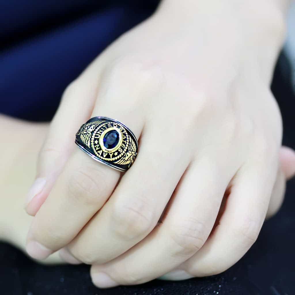 Stainless Steel US Navy Blue Stone Military Mens Signet Ring view 13