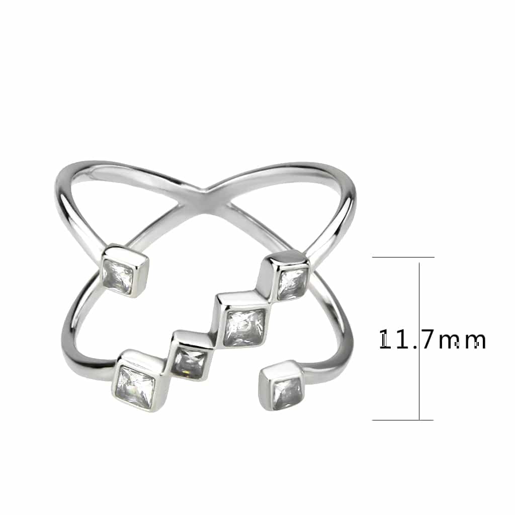 Stainless Steel Silver CZ Square X Crossover Open Ring view 3