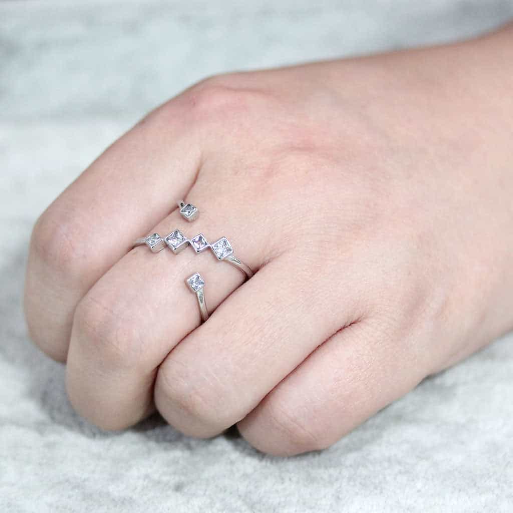 Stainless Steel Silver CZ Square X Crossover Open Ring view 9