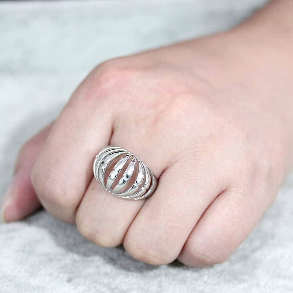 Stainless Steel Silver Polished Ribbed Cage Dome Wide Band Ring view 9