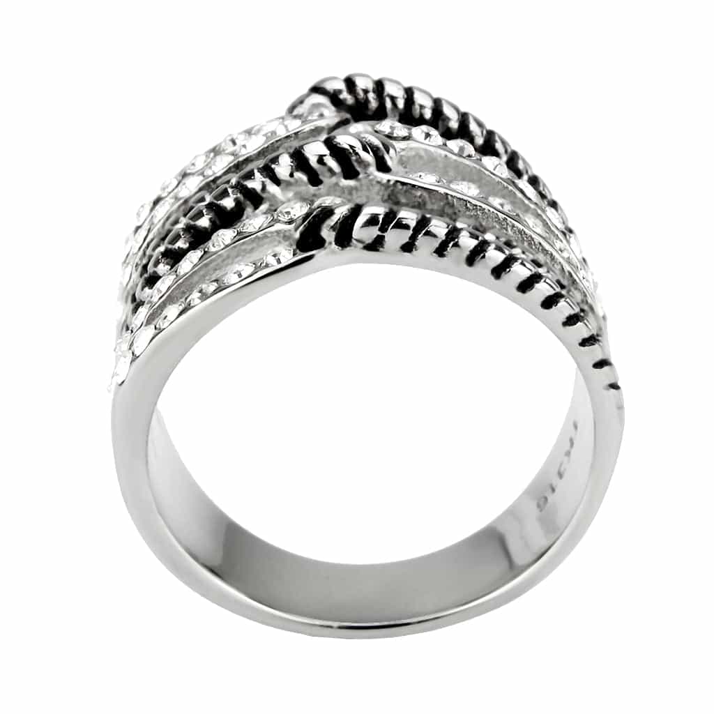 Stainless Steel Dark IP CZ Pave Rope Chain Multi Row Wide Ring view 5