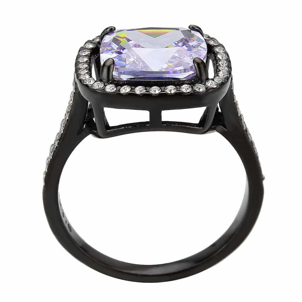 Stainless Steel Dark IP Lavender CZ Cushion Halo Solitaire Ring view 5