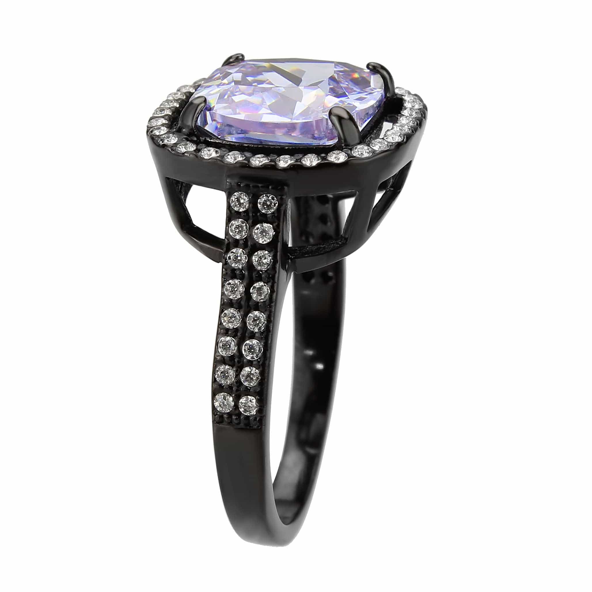 Stainless Steel Dark IP Lavender CZ Cushion Halo Solitaire Ring view 7